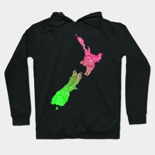 Colorful mandala art map of New Zealand with text in pink and green Hoodie